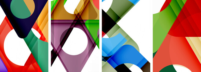 A vibrant collage of colorful triangles and rectangles on a white background, showcasing creativity and symmetry. The pattern includes tints and shades in electric blue and magenta - obrazy, fototapety, plakaty