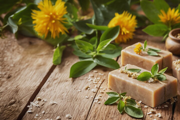 Natural herbal soap bar with dried flower petals and herbal oils on a wooden background. Handmade organic cosmetics. Healthy lifestyle, beauty, skin care. Zero waste home concept with copy space.
