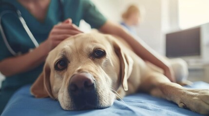 A dog receiving a reassuring belly rub from a caring veterinarian.  - Powered by Adobe