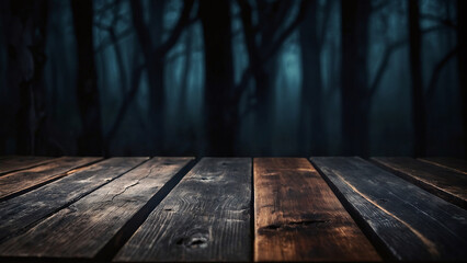 Fototapeta premium A spooky Halloween scene with a rustic grunge wood table bathed in an eerie glow