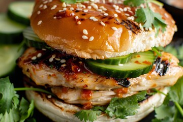 Thai chicken burger with cucumber and spicy sauce