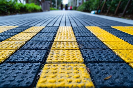 Textured yellow guide blocks for disabled people alongside road
