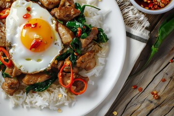 Thai dish with garlic pepper jasmine rice and fried egg
