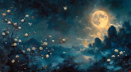 Fototapeta na wymiar Tranquil Nocturne: Oil Painting of Moonlit Garden with Reflecting Butterflies