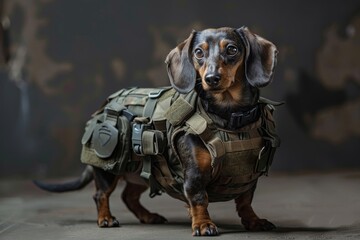 A military Dachshund dog in a K9 bulletproof vest in full combat readiness. Concept of a dog searching for mines in the field. War, military actions.
 - obrazy, fototapety, plakaty