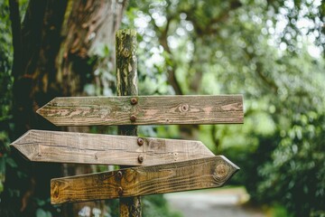 Three wooden signs on a pole