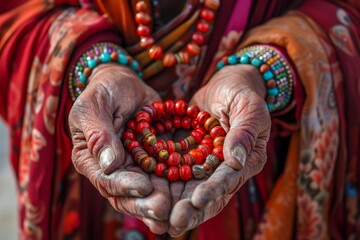 Tibetan Buddhism beads in monk s hands Ladakh India