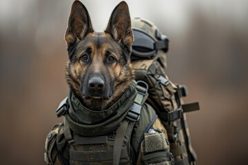 A military German Shepherd dog in a K9 bulletproof vest in full combat readiness. Concept of a dog searching for mines in the field. War, military actions.
