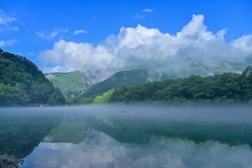 朝霧に包まれた幻想的な大正池の情景＠上高地、長野