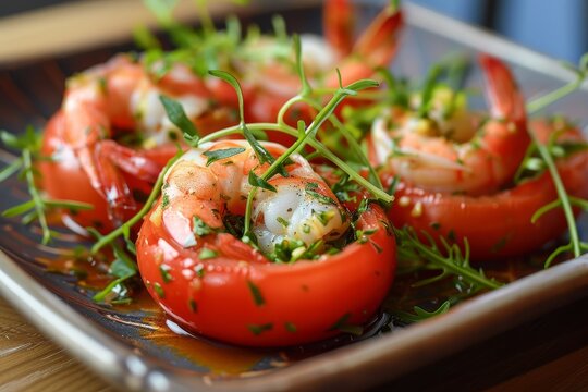 Tomato tapas with rocket salad and prawns