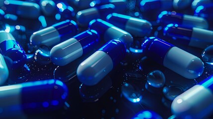 Close Up of White and Blue Pills on a Dark Background, High Detail 3D Rendering of Medical Tablet or Capsule, Cinematic Light on a Black Background in a Hyper Realistic Style.