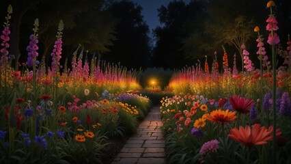 garden full of exotic and vibrant flowers, butterflies...(2). - obrazy, fototapety, plakaty