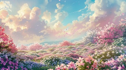 Artistic illustration of a spring day, with an expansive sky filled with pastel colors, and the ground covered in a tapestry of blooming flowers