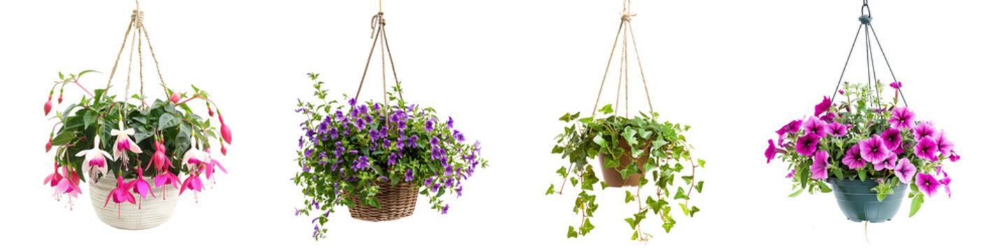 Fototapeta set of hanging plants on pot, Lobelia, Fuchsia, Petunia,  ivy, isolated on transparent background
