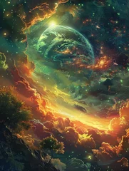 Poster Lush and vibrant wallpaper showcasing a fantastical planet, complete with swirling clouds and colorful landscapes in a fantasy style © Thanadol