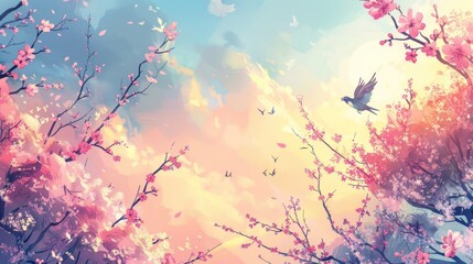 Obraz na płótnie Canvas An illustration that captures the essence of spring features a sky painted with soft morning hues, alongside a lively background of blossoming trees and singing birds