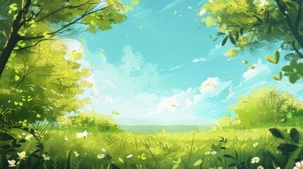 An illustration of a spring scene, featuring a spacious sky above a lush foreground