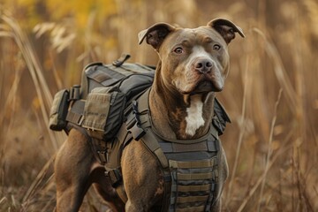 A military Pitbull Terrier dog in a K9 bulletproof vest in full combat readiness.  Concept of a dog searching for mines in the field. War, military actions.
