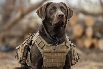 A military Labrador dog in a K9 bulletproof vest in full combat readiness. Concept of a dog searching for mines in the field. War, military actions.
