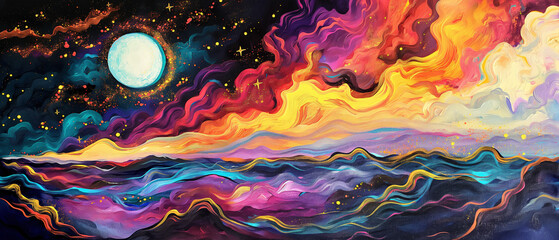Fototapeta premium Oil painting，colorful clouds with stars and moon above, in the style of intuitive art, miniature and small-scale paintings, psychadelic