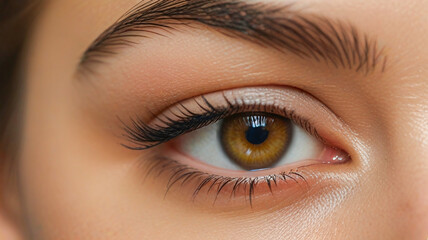 Obraz premium High-detail close-up of a woman's brown eyes, showing intricate iris patterns and natural beauty.