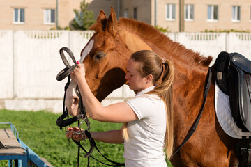 Equestrian adjusting bridle on horse