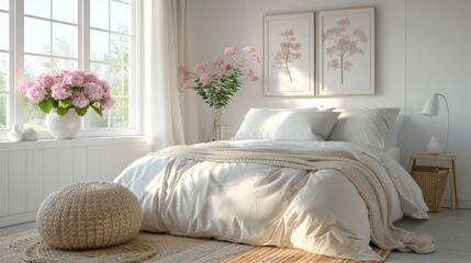 flowers on wooden stool and pouf in white bedroom interior with posters above bed real photo stock image