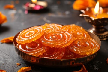 Traditional Indian Diwali sweets focus on Jilebi or Jangri