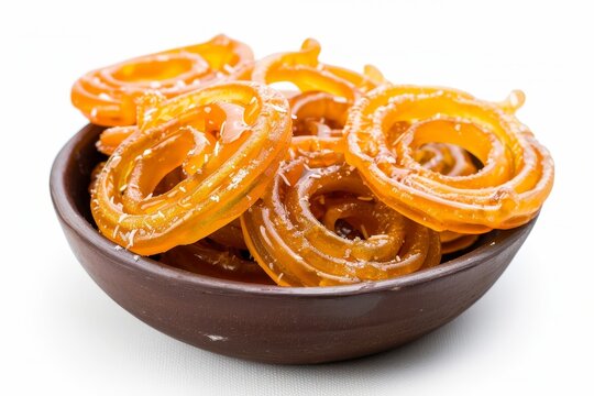 Traditional Indian festival sweet Jalebi isolated on white background served with Fafda and Sambhara Also known as Jilapi zulbia mushabak and zal