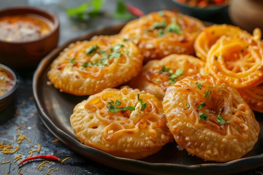 Traditional Indian snack combo Kachori and Jalebi also known as kachauri kachodi katchuri imarti