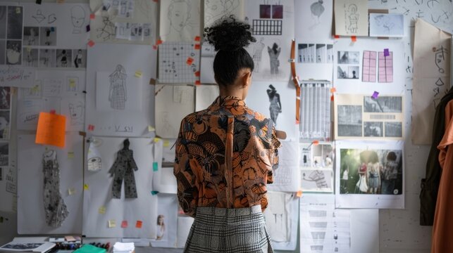 A designer standing in front of a wall covered in sketches and mood boards deep in thought as they plan out their next fashion line. . - Powered by Adobe