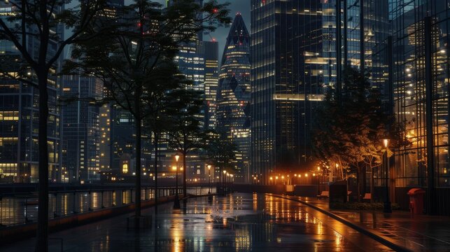A captivating cityscape under rain, with reflections of the city lights glistening on the wet surfaces and tranquil atmosphere