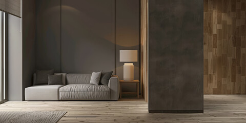 Minimalist interiors composition in grey tones with natural light and minimal furniture.