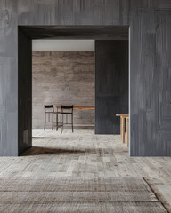 Fototapeta na wymiar Minimalist interiors composition in grey tones with natural light and minimal furniture.