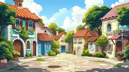 a village street corner,cartoon, vector graphics, thick line strokes, cute art style, flat graphics