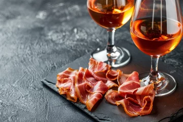 Fotobehang Two glasses of sherry and ham on slate for tapas with space for text © The Big L