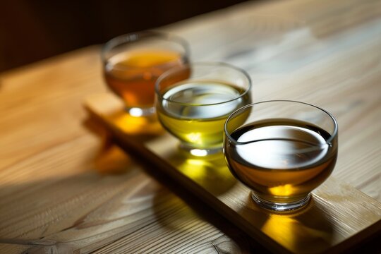 Umeshu a traditional Japanese spirit served as a flight of different bottled umeshus under dimmed light for post work hangouts