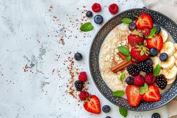 Vegan breakfast bowl with porridge quinoa almond milk berries and date syrup