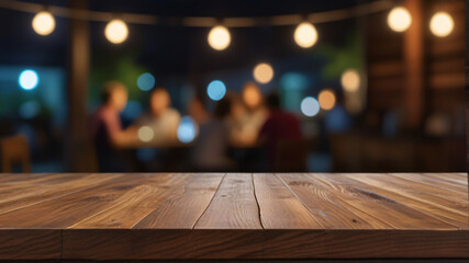 Wooden Table Top with Party Scene Blur for Montage