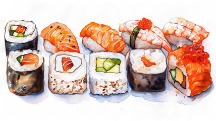 watercolor Japanese Sushi on a white background