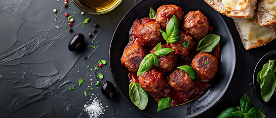 beef meatballs on a circular plate , Rich tomato sauce drizzled over the meatballs ,Fresh mozzarella cheese sprinkled over the meatballs ,Fresh basil leaves sprinkled over the meatballs ,Slices of foc