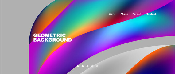Vibrant geometric background featuring a rainbowcolored wave with hues of orange, purple, violet, pink, magenta, and electric blue. Closeup view with circles and a modern font design