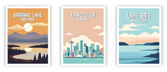 Saranac Lake, Vancouver, Lake Erie Illustration Art. Travel Poster Wall Art. Minimalist Vector art