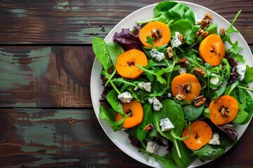 Winter salad with persimmon spinach arugula lettuce blue cheese and walnuts on white plate on dark wooden boards top view - Powered by Adobe