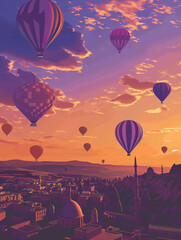 Naklejka premium Cappadociaarea infographic, top view, Summer and Sunny ,purple sky sky, Many hot air balloon in the sky, traditional city buildings silhouetted
