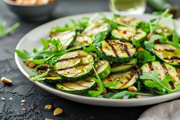 Zucchini salad with arugula and nuts on white plate