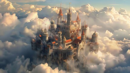 Capture an aerial view of a whimsical castle floating amidst clouds Blend educational elements like books and globes Illustrate leadership principles with a majestic throne atop the castle, exuding wi - obrazy, fototapety, plakaty