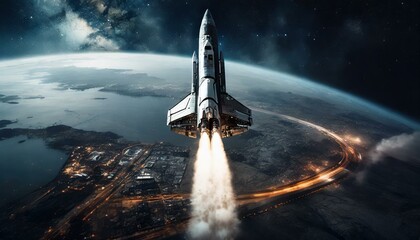 Space rocket starts from land to the space