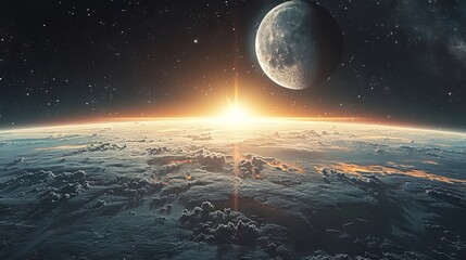 A space scene with the sun rising over the earth. - obrazy, fototapety, plakaty