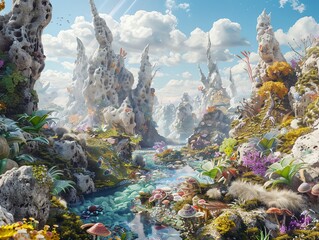 Capture a vast, sprawling landscape of otherworldly Travel Adventures, filled with fantastical creatures and surreal formations; use Unexpected Camera Angles to add a unique perspective, creating a dr